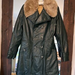 Unique Vintage Black Leather Jacket with Fur Collar XXS please read description